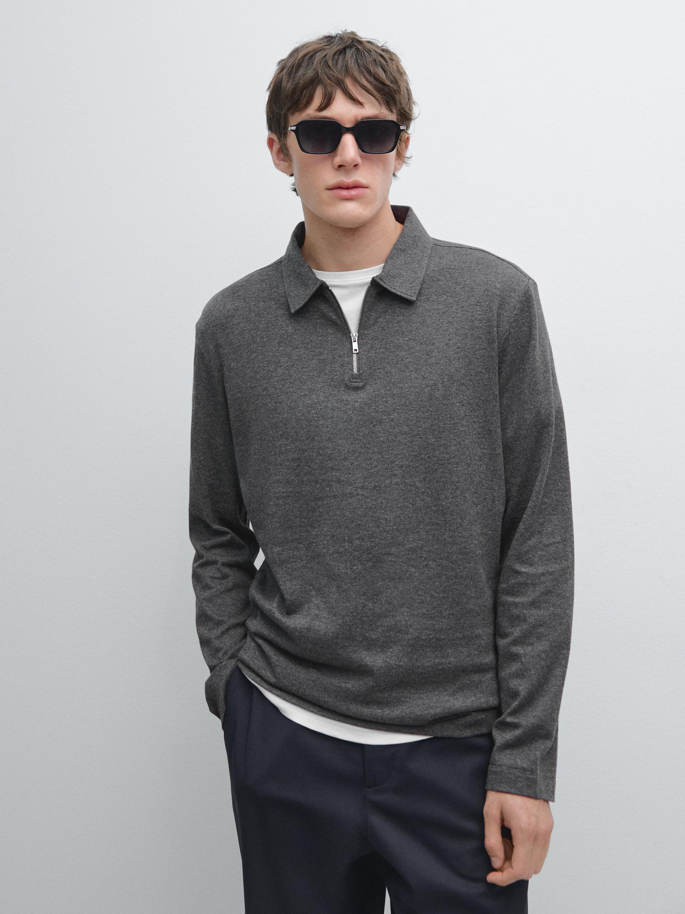 Long sleeve polo shirt with zip-up collar